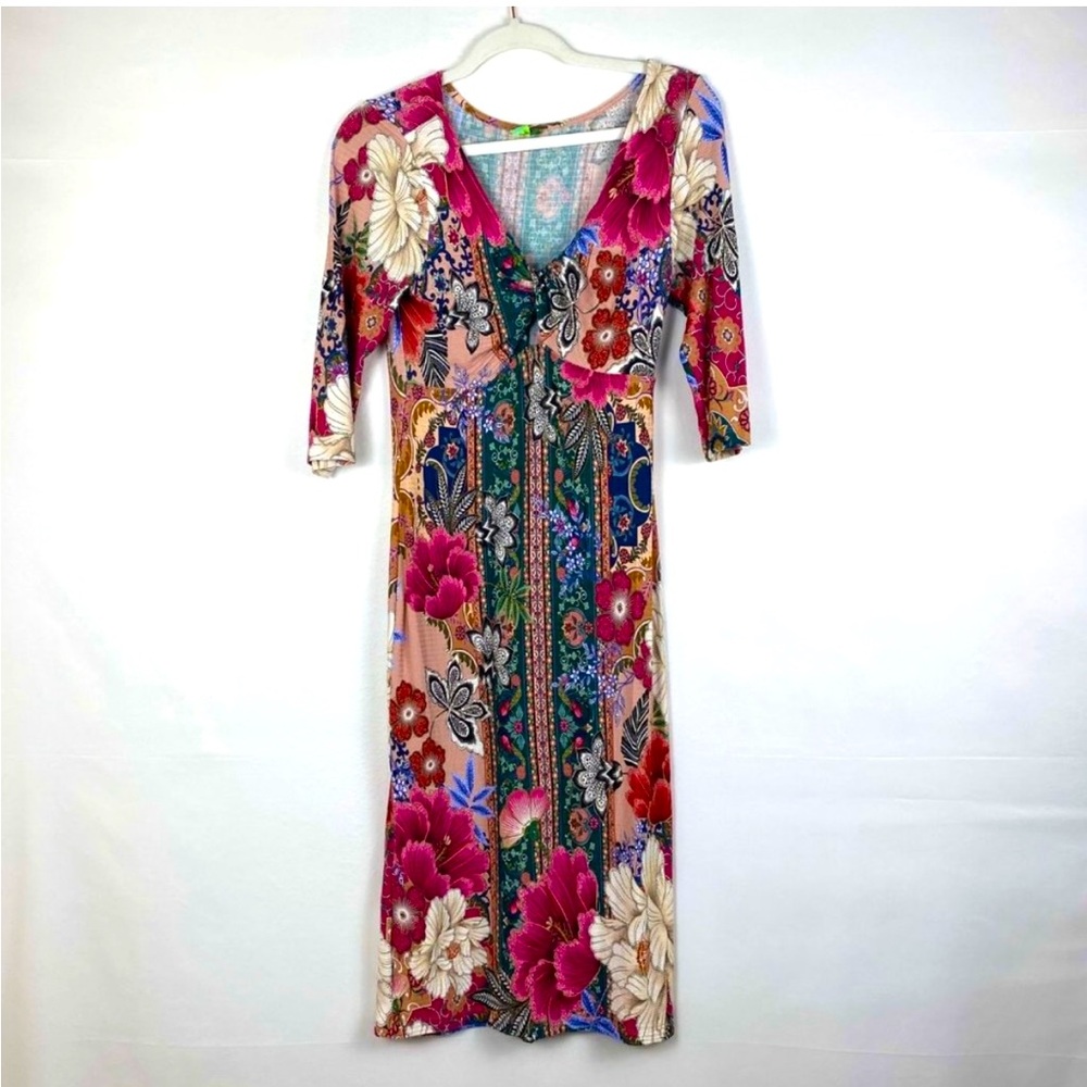 Farm Rio Floral V-Neck Quarter Sleeve Mini Dress